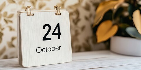 Closeup of a white wooden calendar showcasing 24 October in bold black on a light wooden desk with cream textured wallpaper and green plant leaves.