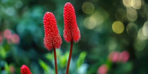 Closeup of vibrant red cockscomb flowers with soft green background featuring bokeh effect and ample copy space for text on the left side
