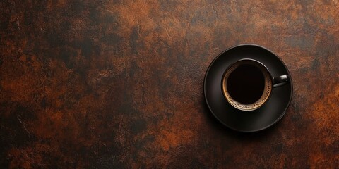 Dark brown vintage backdrop with a black coffee cup centered, creating a warm and rich aesthetic for a cozy atmosphere.