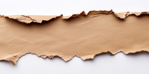 Torn brown paper strip on a white background with jagged edges centered horizontally showcasing texture and soft natural light