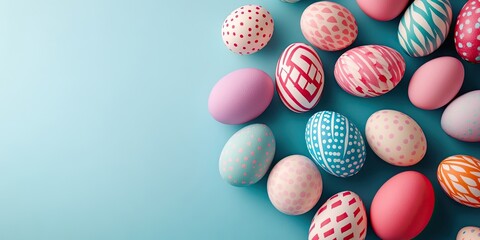 Decorative Easter eggs in various colors arranged on a soft blue background from a top-down view with ample copy space on the left side