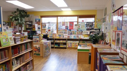 Fototapeta premium A vibrant early learning classroom with a variety of educational posters, colorful tables, and a focus on collaborative play.