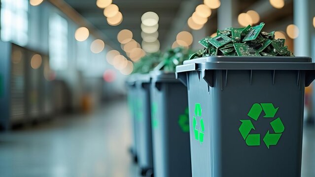 E-Waste Recycling Containers Showcase Green Symbols: Electronic Components Display in Modern Facility with Ambient Setting
