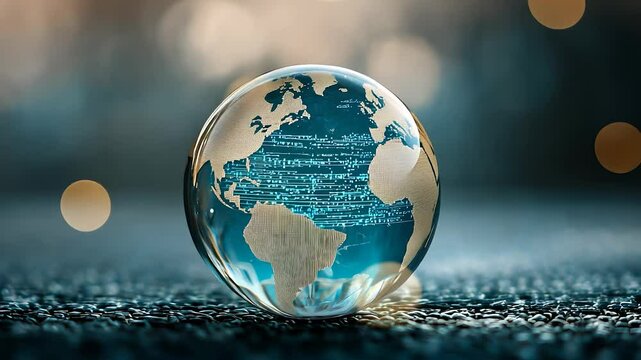 World map in glass sphere. Earth, ball, world, glass floor, travel, continents, land. Continents and continents travel on the floor. A ball of glass travels through the earth lifestyle and world.