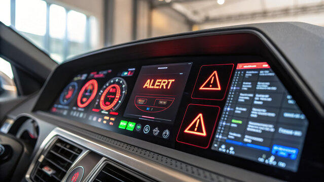 high tech digital dashboard with various glowing alerts and controls