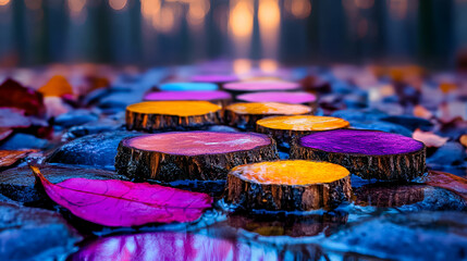Colorful tree slices line a pathway, surrounded by vibrant leaves, creating a whimsical and enchanting forest scene during twilight.