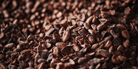Dried cocoa husks and nibs piled together in earthy brown tones showcasing a rich texture on a blurred dark background for artisanal chocolate crafting
