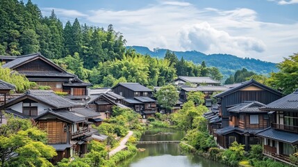 Fototapeta premium A vibrant summer scene in Ouchi-juku, with lush greenery surrounding the traditional houses and a clear blue sky overhead.