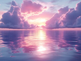 Pink sunset reflecting on calm ocean.