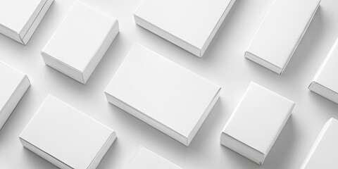 Assorted white rectangular boxes arranged in varying sizes on a seamless white background offering ample copy space for design elements.