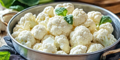 Fresh organic cauliflower in a metal pan with soft focus on creamy white florets and green leaves nestled on a wooden table ideal for healthy eating