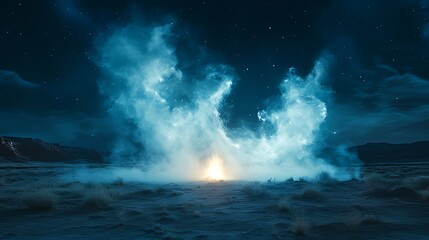 Obraz premium Night landscape with glowing blue cloud formation over a fire.
