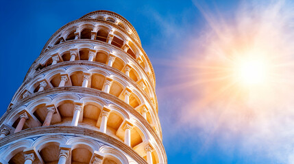 The image showcases the Leaning Tower of Pisa against a clear blue sky, illuminated by bright sunlight, highlighting its iconic tilt and architectural beauty.
