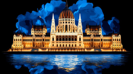 Obraz premium A stunning illuminated building reflects on water, surrounded by blue smoke, showcasing architectural beauty and grandeur.