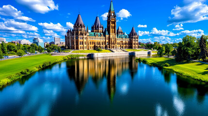 Fototapeta premium A stunning view of a majestic building reflecting in a serene body of water, surrounded by lush greenery and a vibrant blue sky with fluffy clouds.