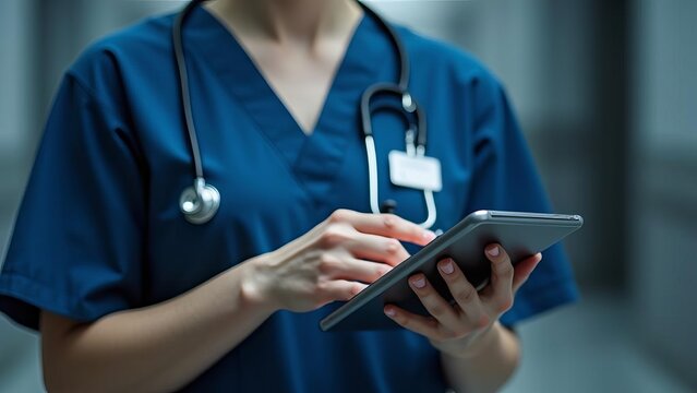Medical Staff Using Tablet for Healthcare: Professional Digital Technology Implementation by Hospital Workers for Electronic Health Systems