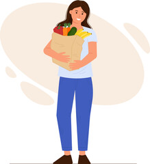Cute woman is carrying a paper bag full of groceries. Concept of shopping in a supermarket or market. Vector illustration	

