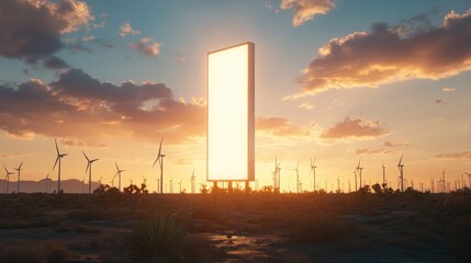 A tall, minimalist steel sign surrounded by wind turbines on an open plain under a glowing sunset