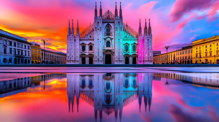 Naklejka premium A stunning sunset scene featuring a majestic cathedral reflecting in water, surrounded by vibrant colors and historical architecture.