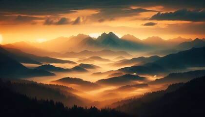A misty mountain range at dawn with a warm golden glow