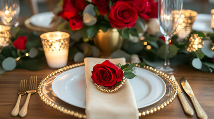 Fototapeta premium Table decoration with red roses.