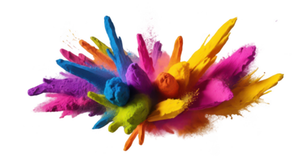 A collection of short, dashed brushstrokes in Holi colors, scattered randomly with powder effects at the tips, creating a playful and dynamic visual, isolated on a white transparent background PNG