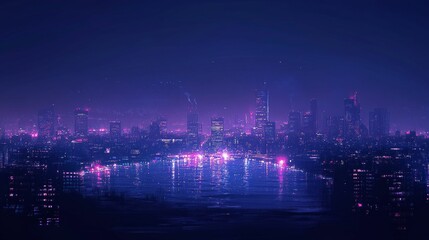 Night cityscape, purple hues, water reflection, city lights.