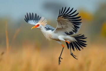 Naklejka premium Secretary bird flying with open wings in natural habitat
