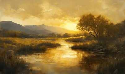 Golden sunset over tranquil river, mountains.