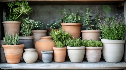 Aromatic herbs growing in terracotta pots on rustic wooden shelf