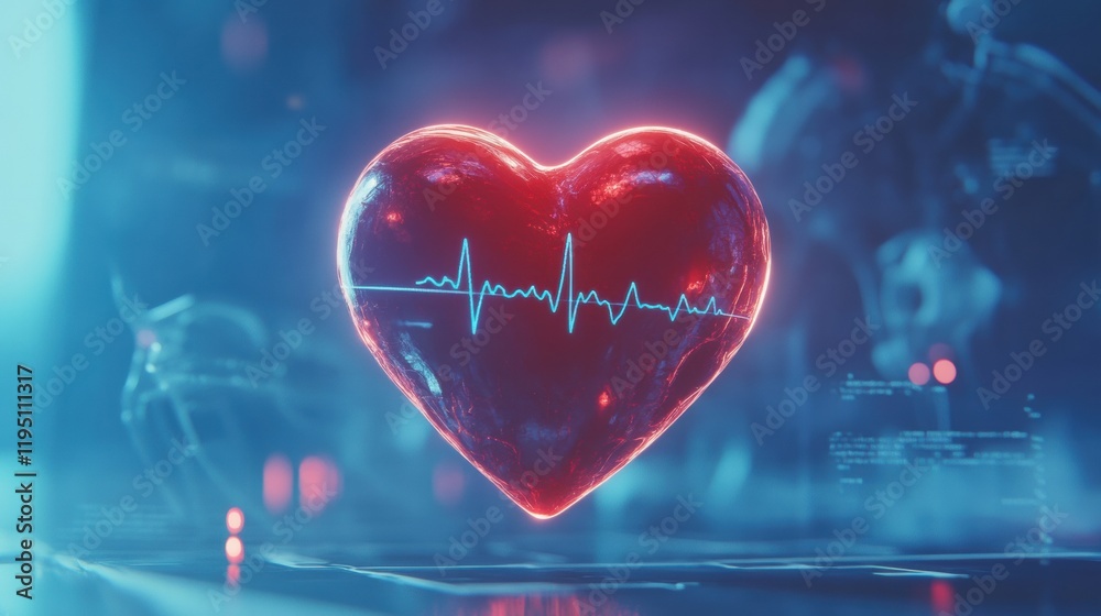 Leinwandbilder Glowing red heart with dynamic cardiogram illustrating health and vitality in a futuristic setting. Generative AI