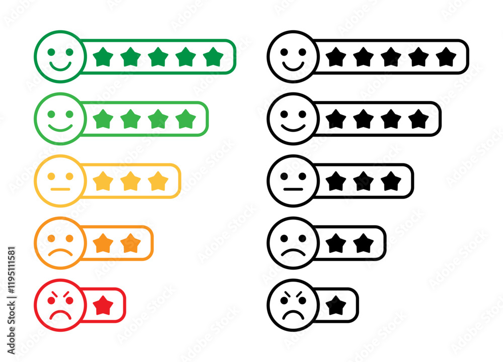 Aufkleber Rating emoji with star in colorful and black and white color for customer experience feedback vector illustration. Star rating for a product review. Set of rating emoji vector.