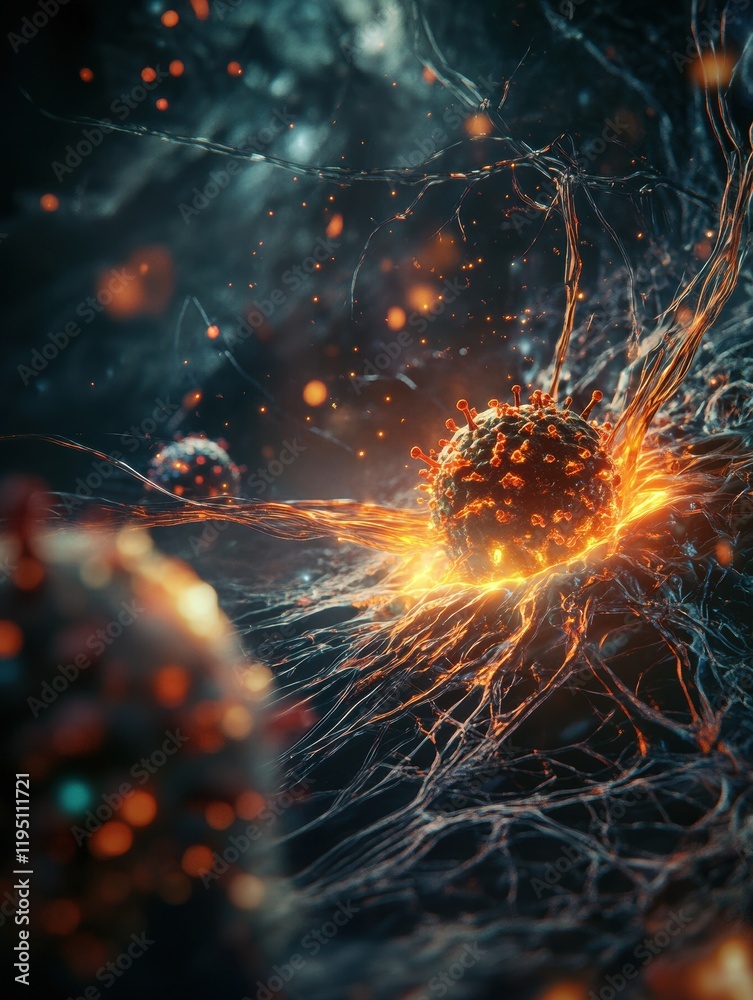 Poster magnified human cell under viral attack showcasing intricate interactions of biological processes. g