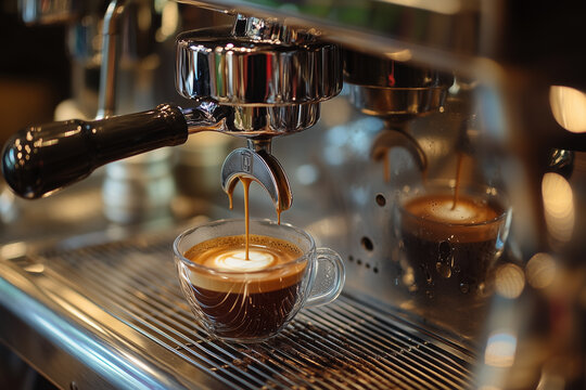 Espresso preparation in a café showcasing a coffee maker brewing a rich shot of coffee