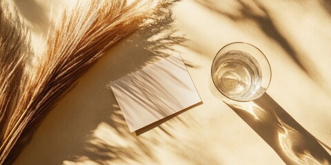 Obraz premium Contemporary summer still life with a glass of water, beige table, long shadows, Lagurus ovatus grass, and a blank greeting card in sunlight.