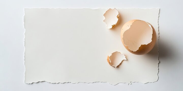 Cracked eggshell pieces scattered on a textured blank paper sheet with a soft white backdrop displaying subtle shadows and natural light.