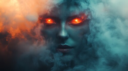 Mysterious woman's face emerges from swirling smoke and fire, glowing red eyes.