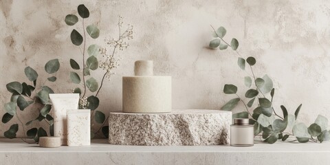 Cosmetic products arranged on a textured stone podium with eucalyptus leaves against a natural beige backdrop showcasing a minimalist aesthetic.