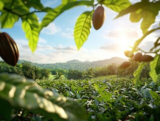 Lush Cocoa Plantations Under Bright Sunlight with Green Foliage