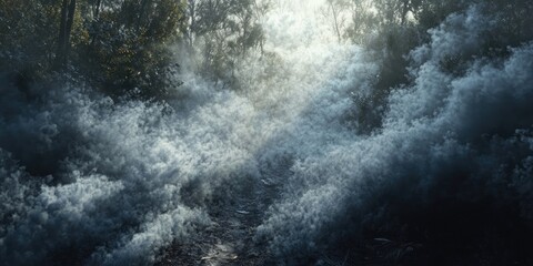 Obraz premium Misty forest path with dense blue-gray fog swirling through trees illuminated by soft sunlight creating a serene and mystical atmosphere.