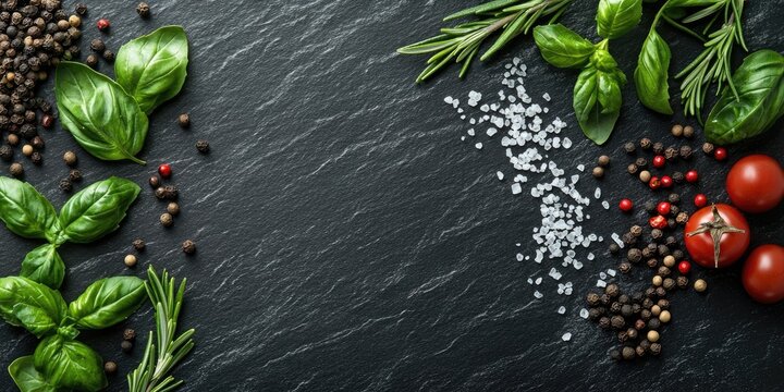 Fresh herbs and spices arrangement on a black stone backdrop with basil rosemary peppercorn and sea salt scattered across the surface