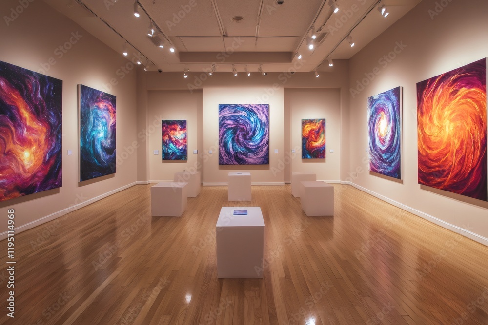 Poster modern art gallery showing colorful abstract paintings of space and nebulae