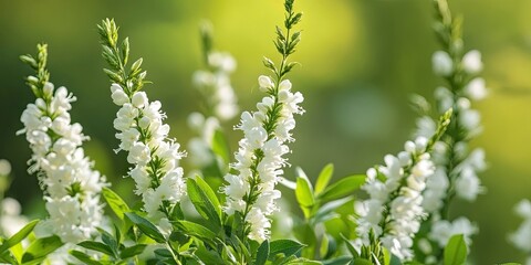 Fototapeta premium Delicate white cuphea hyssopifolia flowers stand tall among vibrant fresh green leaves against a soft blurred green background showcasing natural beauty