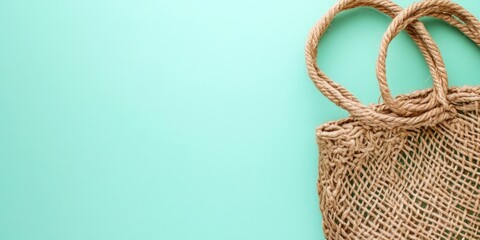 Fototapeta premium Ecofriendly woven craft bag on mint background top view showcasing zero waste biodegradable design with natural organic materials and sustainable appeal
