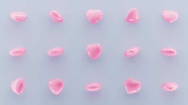 Random rotating pinky 3d hearts pattern. Love concept with for Valentines day. Light background. 4k looped animation.