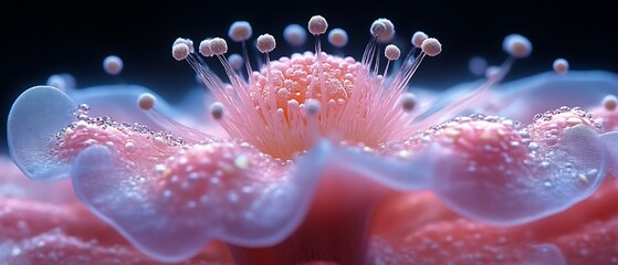 Delicate pink flower with dew drops.