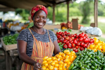 Fototapeta premium Greengrocer holding fresh yellow peppers at farmers market