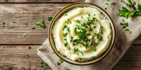 Delicious creamy mashed potatoes in a brown ceramic bowl topped with fresh green parsley, placed on a beige linen napkin over textured wooden table.