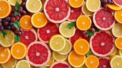 a close-up shot of sliced citrus fruit, including grapefruit, lemons, and oranges