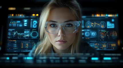 Focused female scientist analyzing data on futuristic interface.